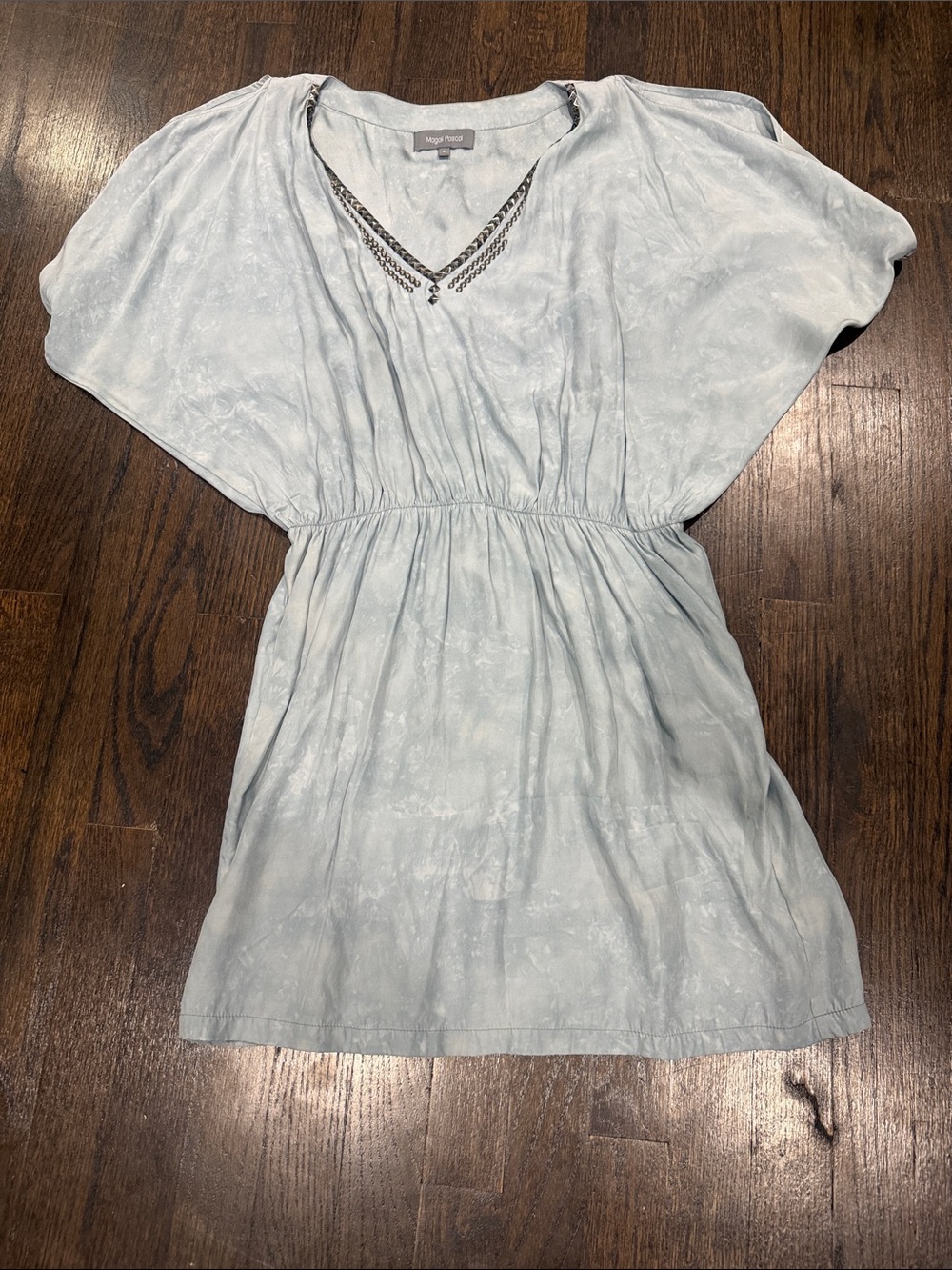 Magali Pascal Light Blue V-Neck Short Sleeve Dress with stud Detail size small